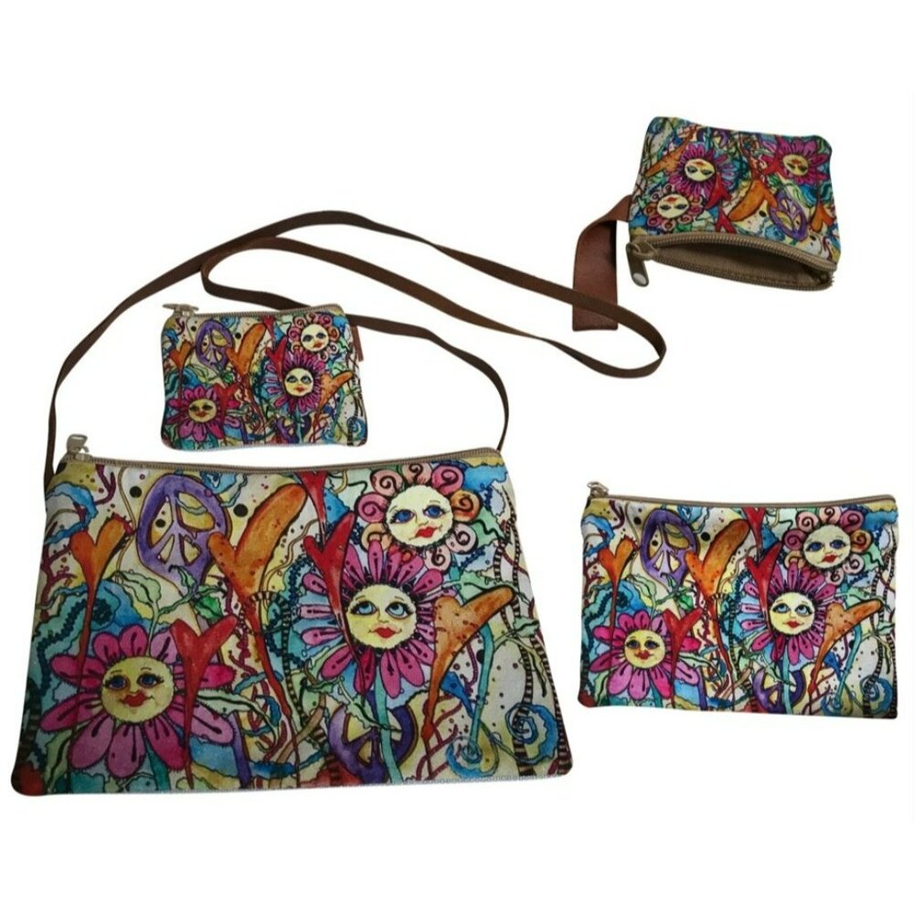 Whimsical Floral Bag Set – 4pc Crossbody, Makeup, Zipper Pouch & Coin Purse